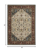 HomeRoots 508035 6 x 9 ft. Ivory Beige Red Blue Gold Green & Navy Oriental Power Loom Stain Resistant Rectangle Area Rug with Fringe