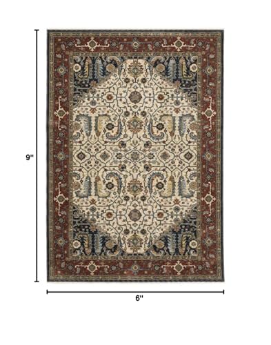 HomeRoots 508035 6 x 9 ft. Ivory Beige Red Blue Gold Green & Navy Oriental Power Loom Stain Resistant Rectangle Area Rug with Fringe