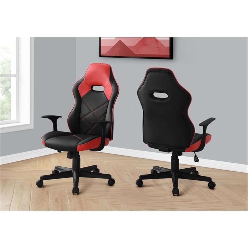 Monarch Specialties 7327, Adjustable Height, Swivel, Ergonomic, Armrests, Computer Desk, Work, Pu, Metal, Office Chair-Gaming Black Red Leather-Look, 25.5' L x 25' W x 42' H