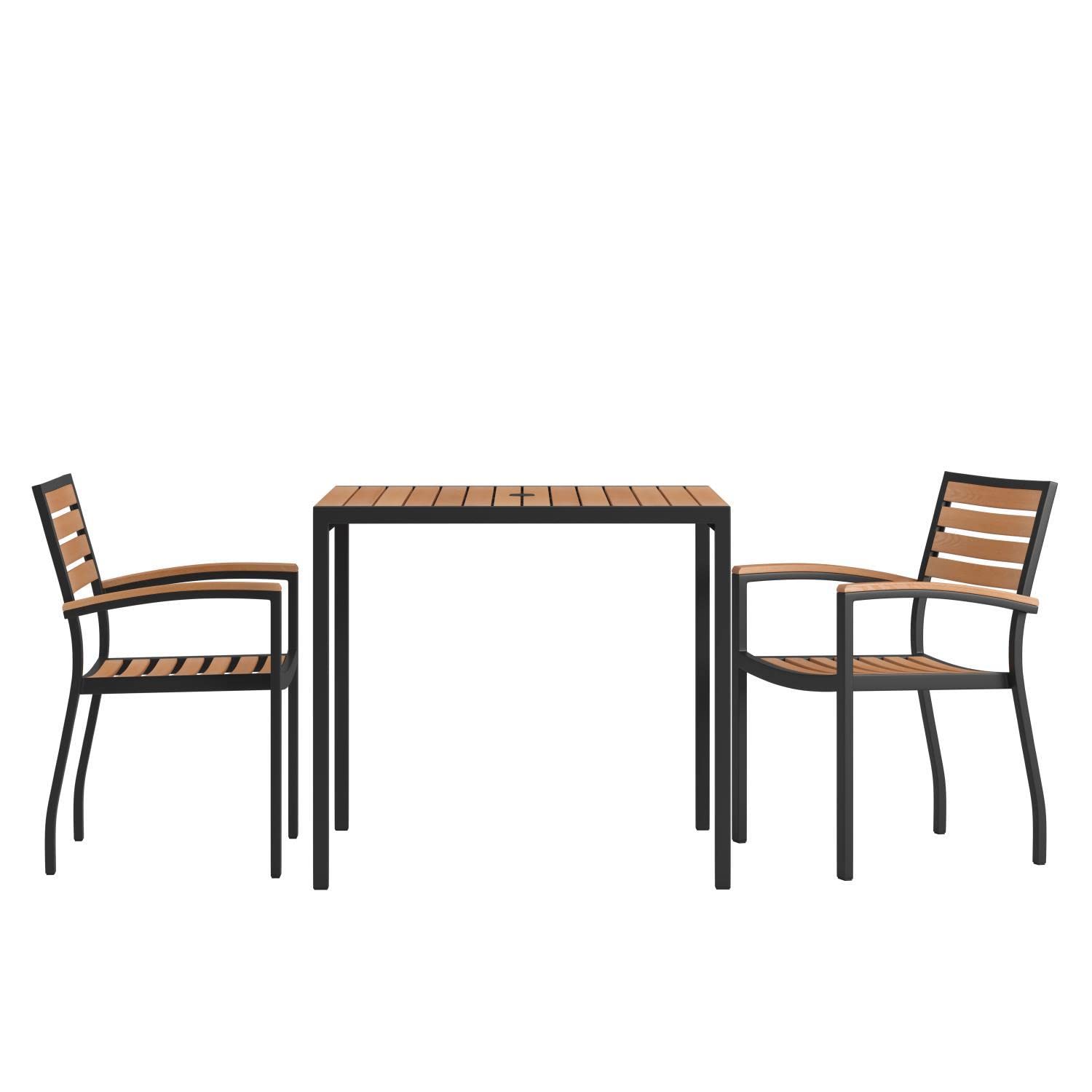 Flash Furniture 3 Piece Outdoor Dining Table Set - Synthetic Teak Poly Slats - 35&quot; Square Steel Framed Table with Umbrella Holder Hole - 2 Stackable Club Chairs