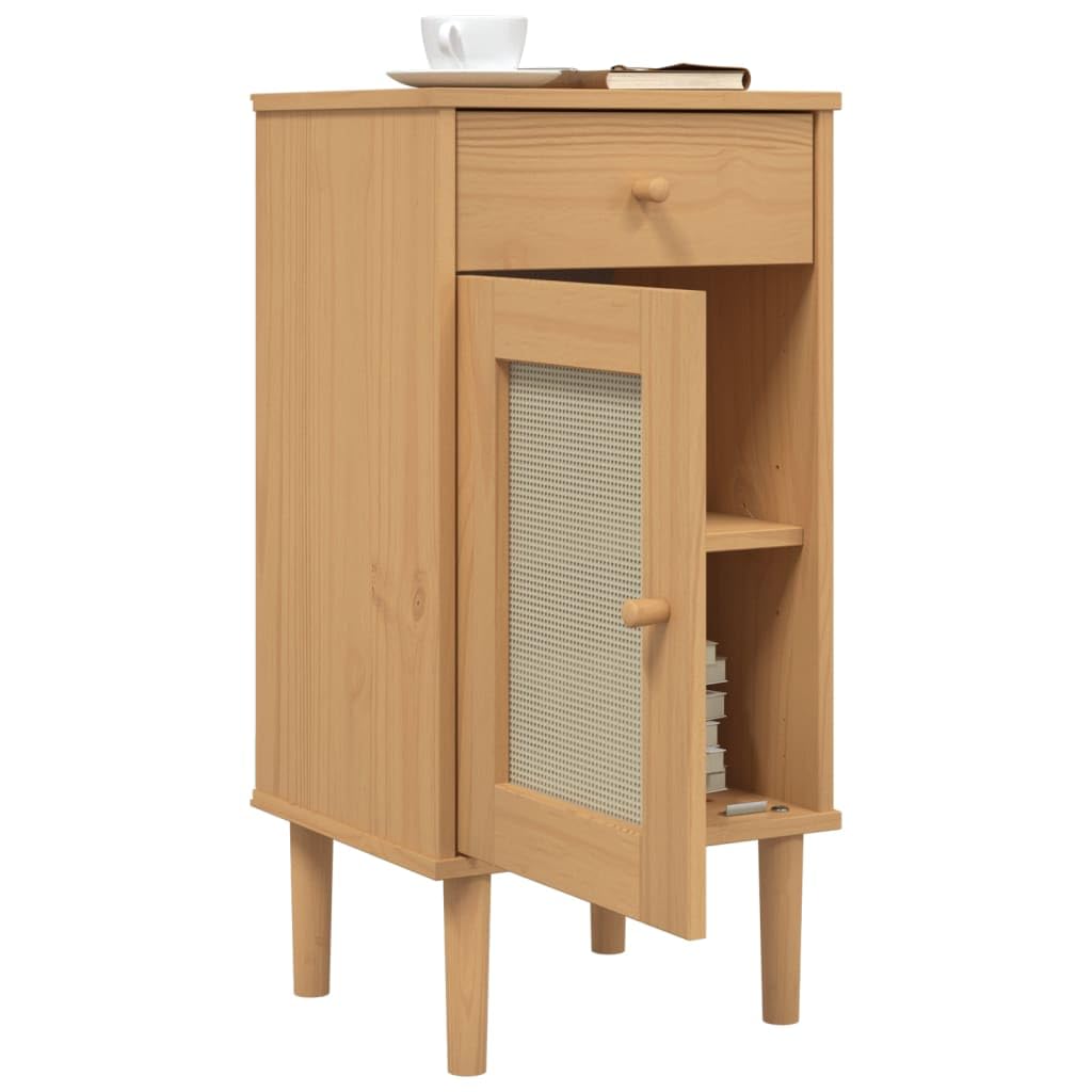 vidaXL SENJA Rattan Look Bedside Cabinet-End Table in Brown, Solid Pine Wood with UV Varnish, Ample Storage, Sturdy Top