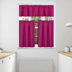 3Pc Set Solid Faux Silk Lined Blackout Rod Pocket Small Kitchen Window Curtain With Valance (K3) (Hot Pink)