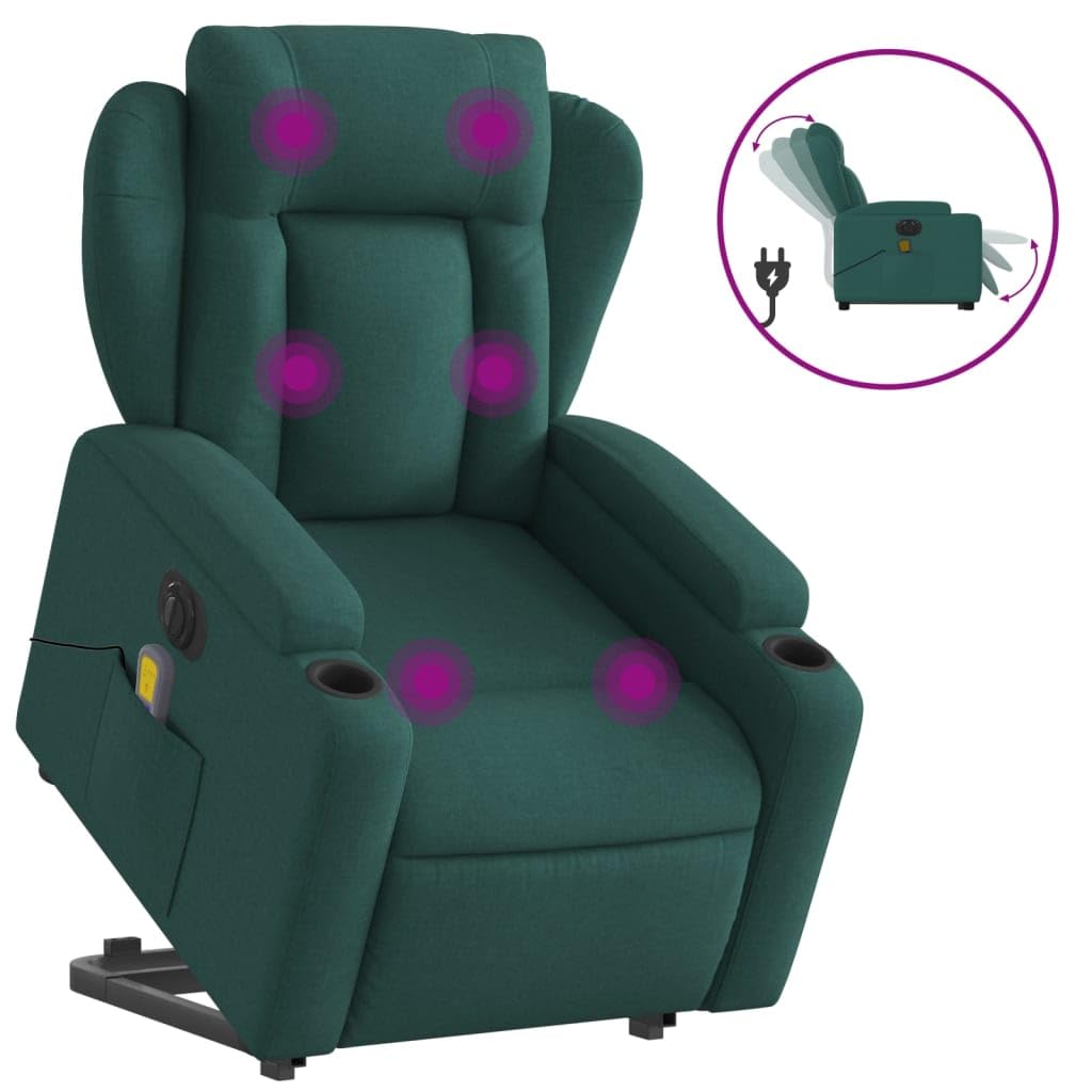 vidaXL Electric Massage Recliner-Lift Chair-Dark Green Polyester-Fabric Power Recline & Lift-Assist with Vibration Massage-Cup H
