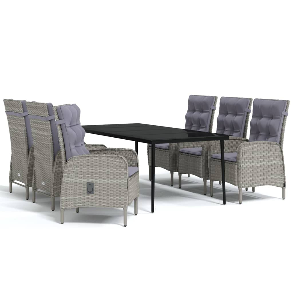 vidaXL 7-Piece Patio Dining Set - Powder-Coated Steel, PE Rattan Chairs, Glass Top Table, Gray/Black, Cushions Included, Outdoor/Garden