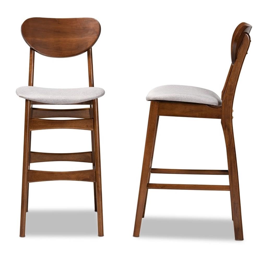 Baxton Studio Katya Mid-Century Modern Grey Fabric Upholstered and Walnut Brown Finished Wood 2-Piece Bar Stool Set