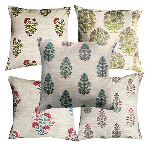 Pink Parrot Cotton Multi Colour Gold PrintCushion Cover With Zipper 16X16 InchSet Of 5 Pcs