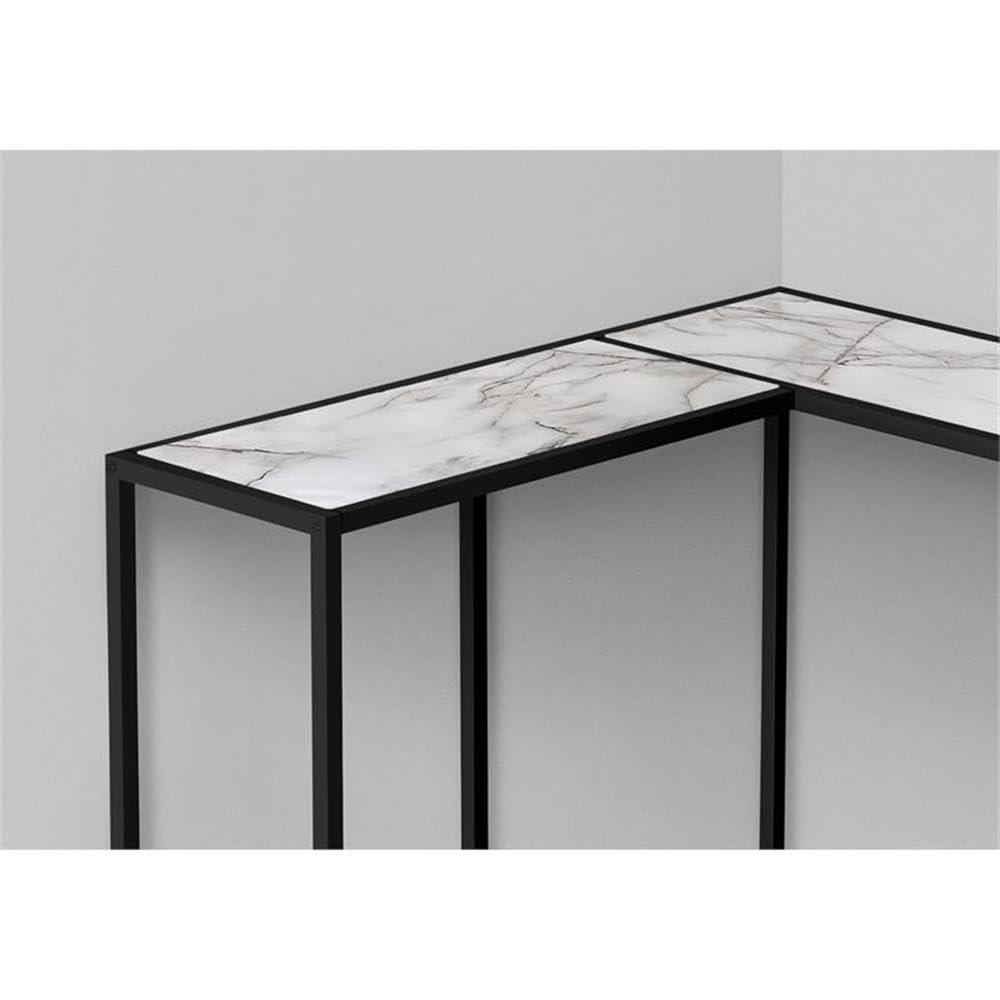 Monarch Specialties I 2159 Accent Table, Console, Entryway, Narrow, Corner, Living Room, Bedroom, Metal, Laminate, White Marble Look, Black, Contemporary