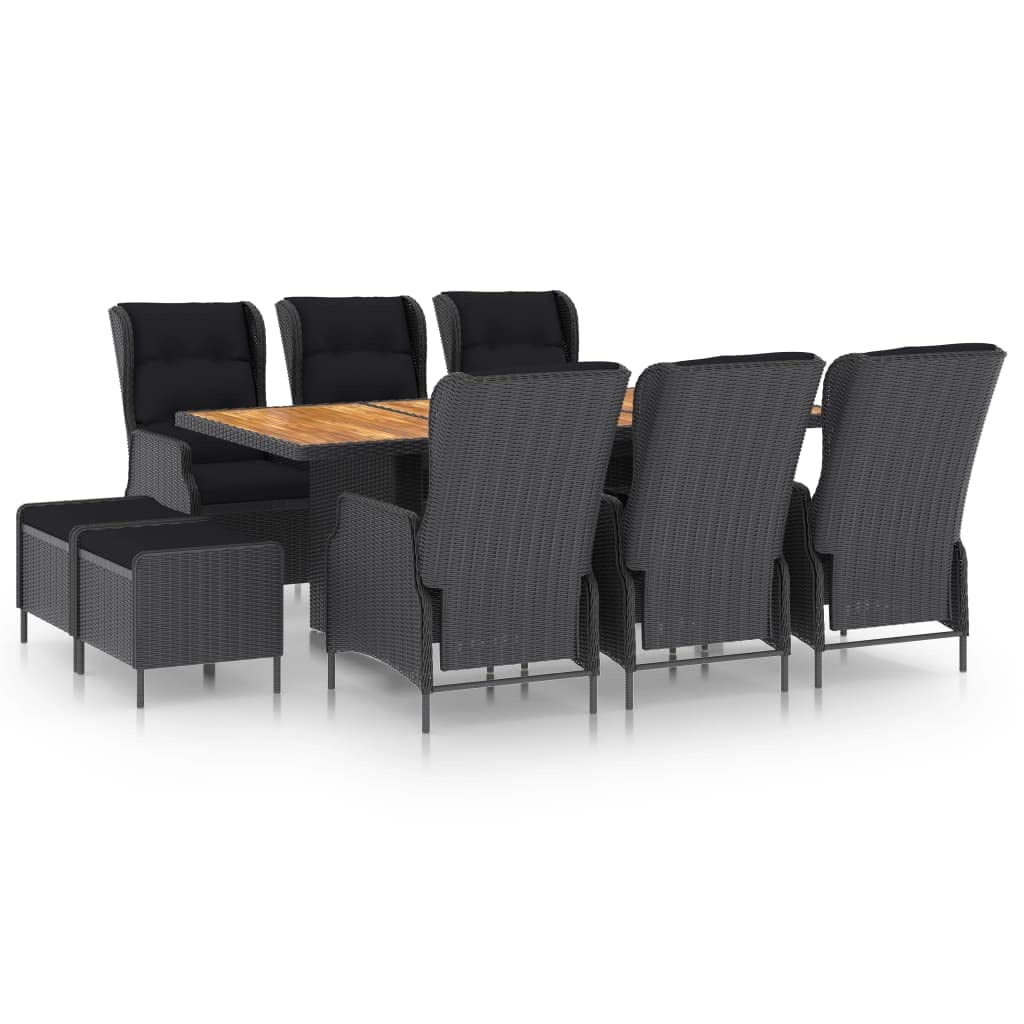 vidaXL 9 Piece Outdoor Patio Dining Set with Adjustable Reclining Chairs and Washable Cushions, Dark Gray Poly Rattan Furniture Set with Solid Acacia Wood Tabletop - Ideal for Gardens, Balconies, ...