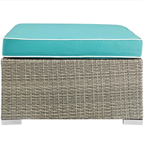 Modway Repose Wicker Rattan Outdoor Patio Ottoman wth Cushions in Light Gray Turquoise
