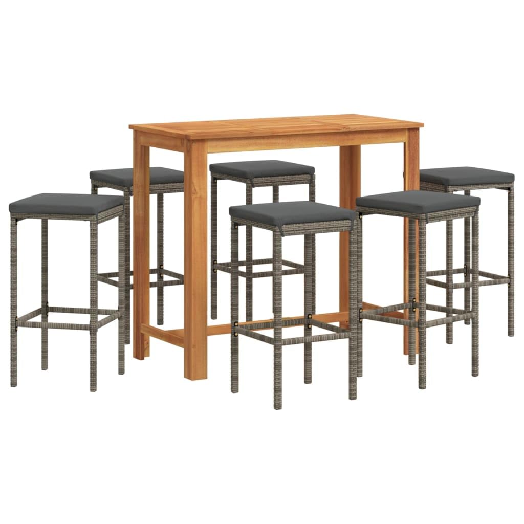 vidaXL Gray 7-Piece Patio Bar Set with Solid Acacia Wood Table & Poly Rattan Stools, Outdoor/Deck/Garden Furniture with Cushions