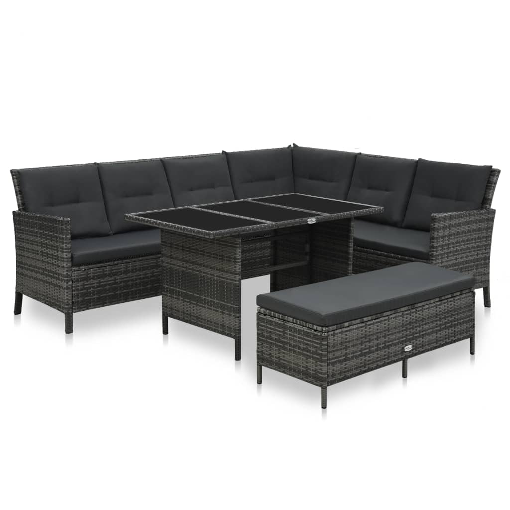 vidaXL 3 Piece Outdoor Lounge Set with Cushions - Weather-Resistant Poly Rattan in Gray - Includes L-Shaped Sofa, Bench and Table.