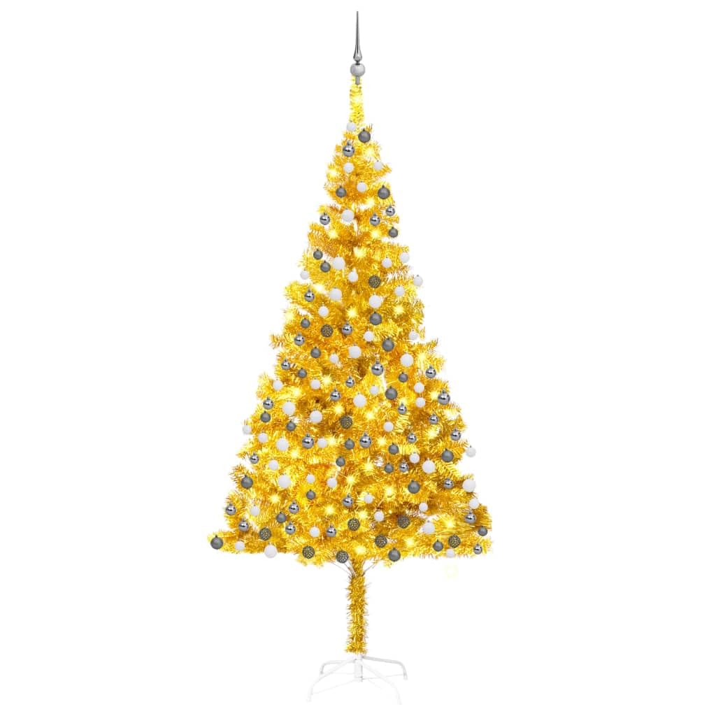 Vidaxl 94.5&quot; Gold Artificial Christmas Tree With Leds And Ball Set - Reusable, Energy-Efficient, Easy Assembly, Usb Powered, Pet Material With Steel Stand