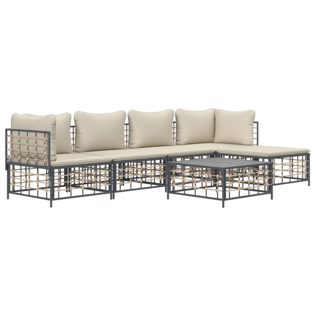 vidaXL 6 Piece Patio Lounge Set - Weather-Resistant Poly Rattan Garden Furniture with Cozy Cushions and Sturdy Tabletop in Anthracite Color