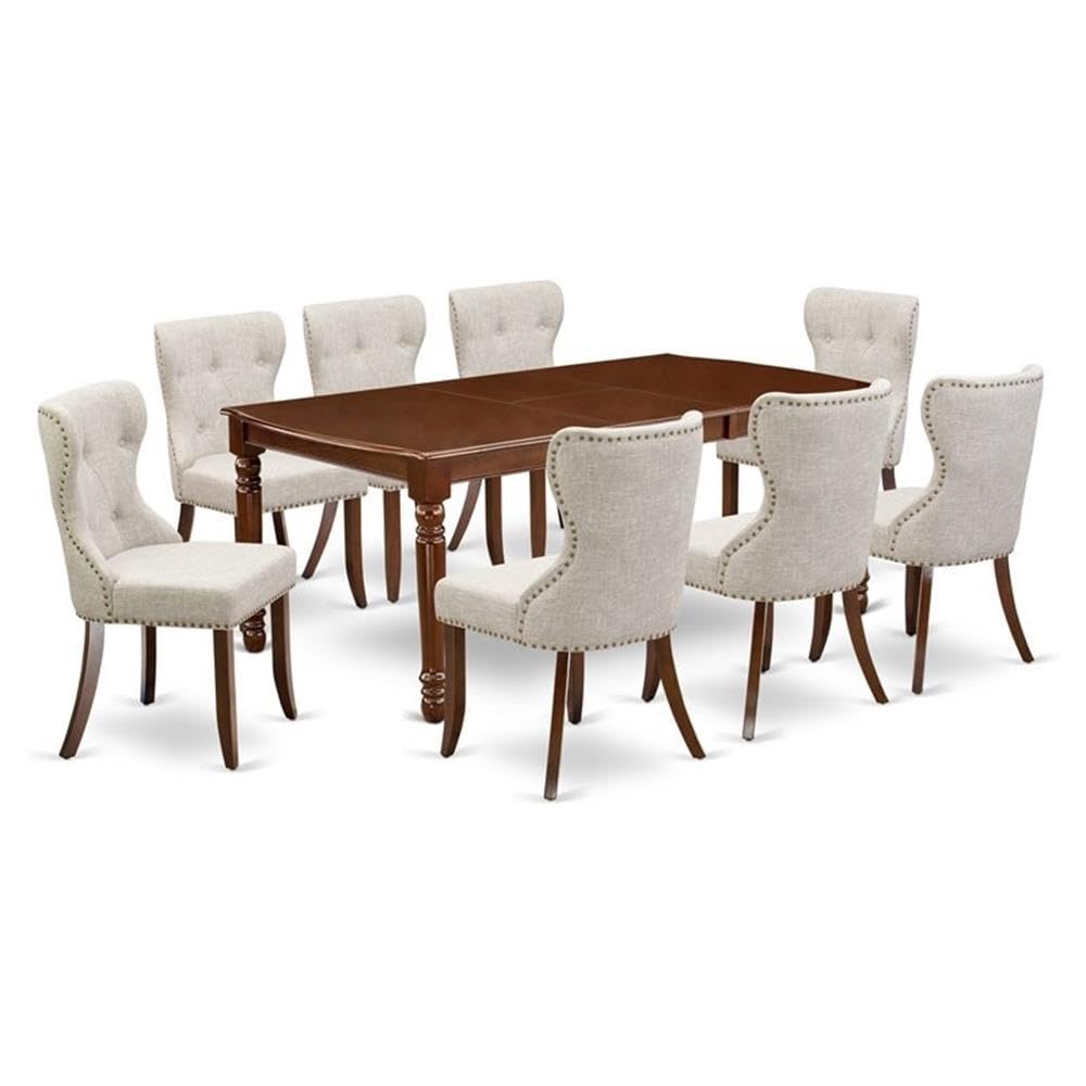 East West Furniture DOSI9-MAH-35 9 Piece Dining Table Set Includes a Rectangle Dining Room Table with Butterfly Leaf and 8 Doeskin Linen Fabric Parsons Chairs, 42x78 Inch, Mahogany