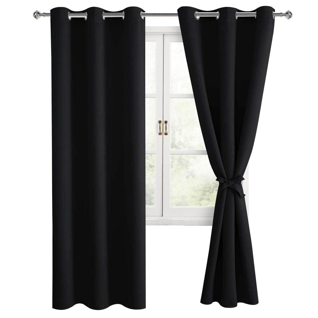 Hiasan Blackout Curtains For Bedroom, 38 X 84 Inches Long - Thermal Insulated & Light Blocking Window Curtains For Living Room, 2 Drape Panels Sewn With Tiebacks, Black