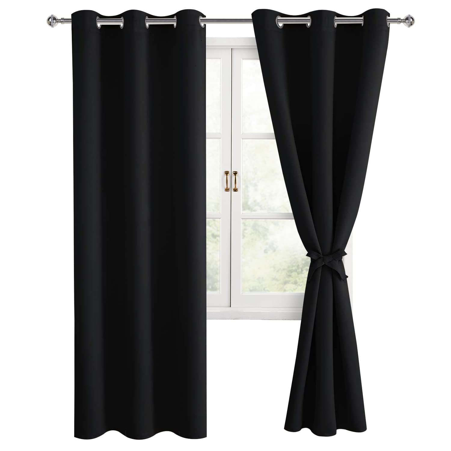 Hiasan Blackout Curtains For Bedroom, 38 X 84 Inches Long - Thermal Insulated & Light Blocking Window Curtains For Living Room, 2 Drape Panels Sewn With Tiebacks, Black