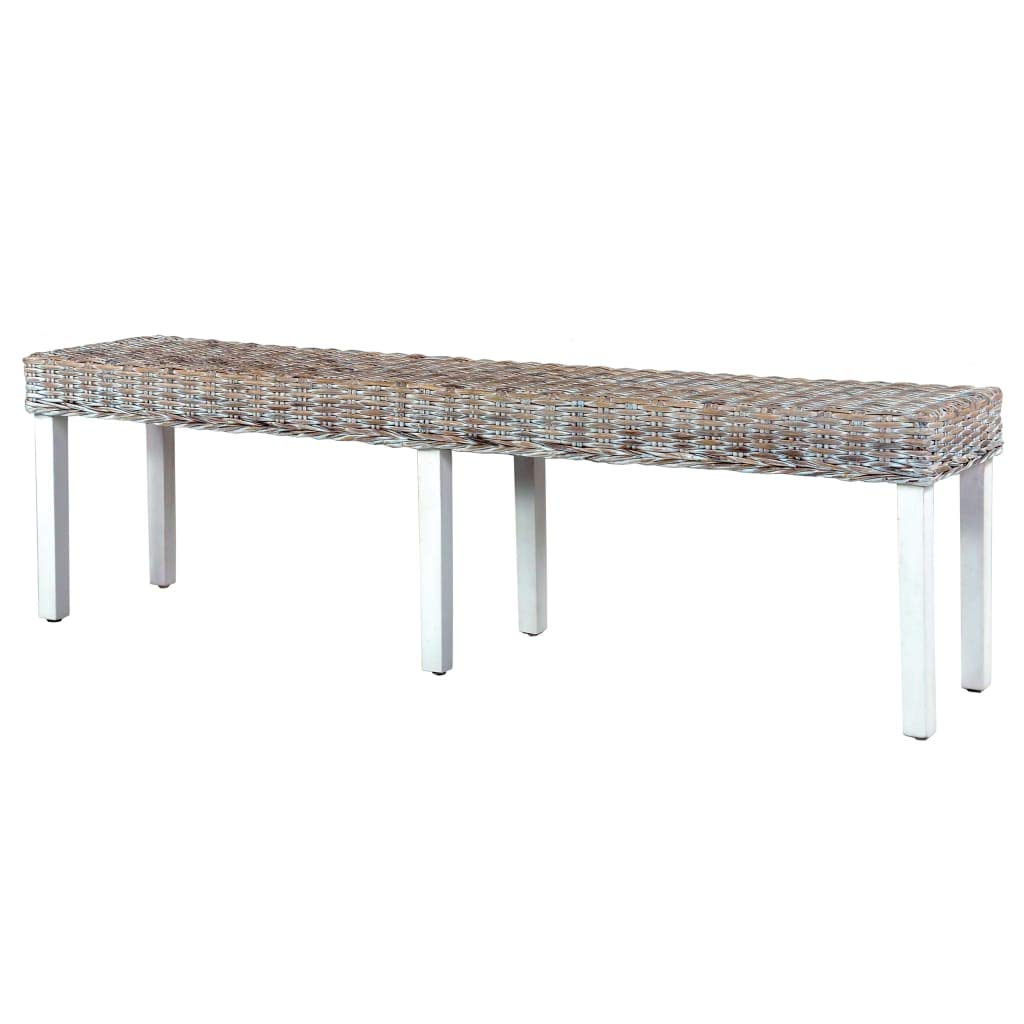 vidaXL Solid Mango Wood & White Kubu Rattan Bench 63&quot; - Lounge/Hall/Dining Seating, Easy to Assemble, Natural Look