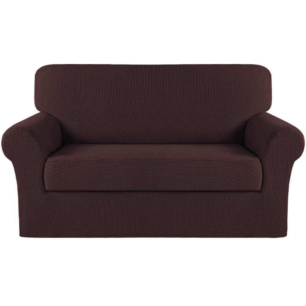 Turquoize Stretch Sofa Slipcover 2 Pieces Sofa Cover Couch Cover For 2 Cushion Couch Washable Furniture Protector Covers With Elastic Bottom Feature Thick Jacquard Fabric (Loveseat, Brown)