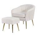 Best Quality Furniture Modern Accent Chair with Ottoman Set, Beige Teddy Fabric Upholstery, Gold Chrome Legs, Channel Tufted Backrest
