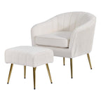 Best Quality Furniture Modern Accent Chair with Ottoman Set, Beige Teddy Fabric Upholstery, Gold Chrome Legs, Channel Tufted Backrest