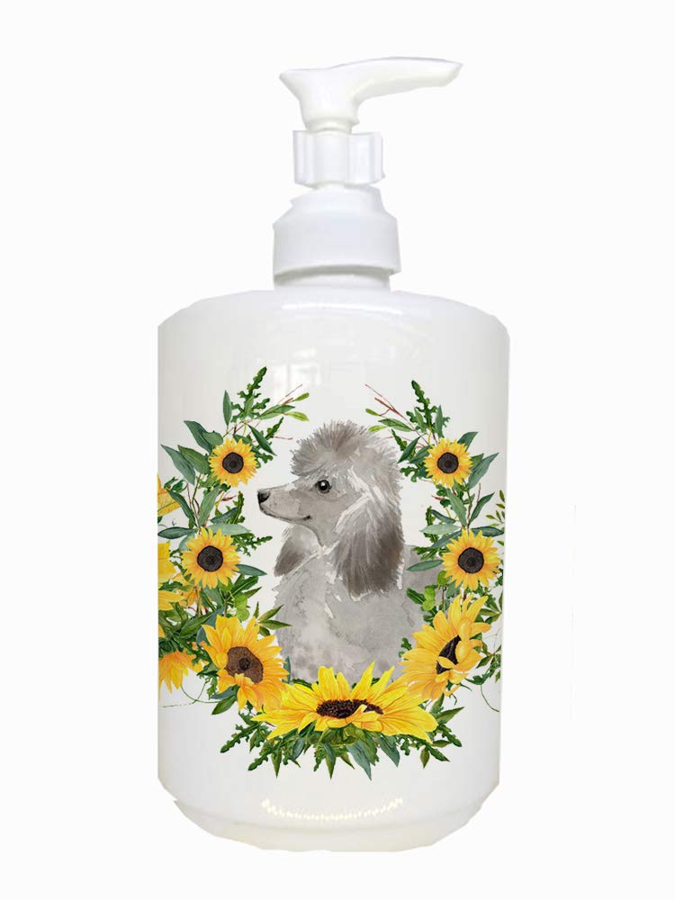 Caroline's Treasures CK2937SOAP Grey Standard Poodle in Sunflowers Ceramic Soap Dispenser Hand Soap Dispenser Pump Bottles for B