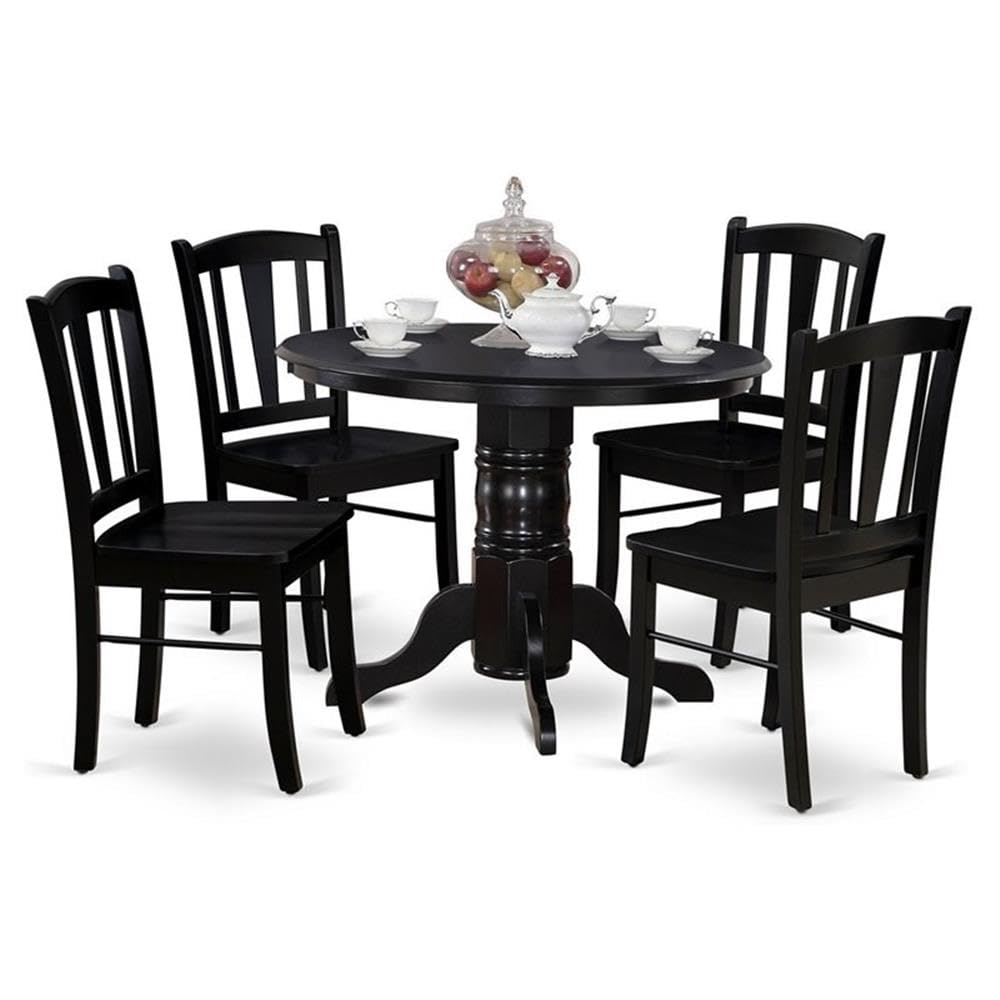 East West Furniture Shdl5-Blk-W 5 Piece Kitchen Table Set For 4 Includes A Round Dining Room Table With Pedestal And 4 Solid Wood Seat Chairs, 42X42 Inch, Black
