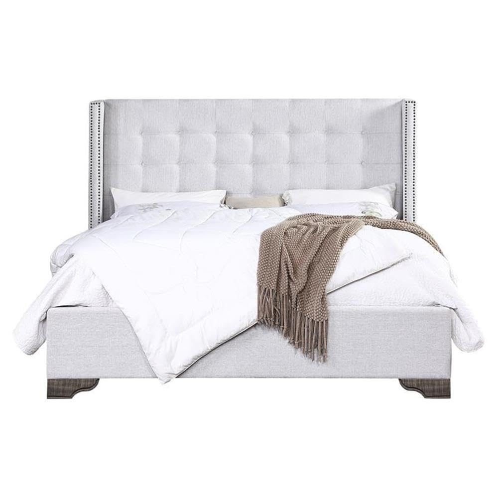 Acme Artesia Tufted Fabric Queen Bed in Tan and Salvaged Natural