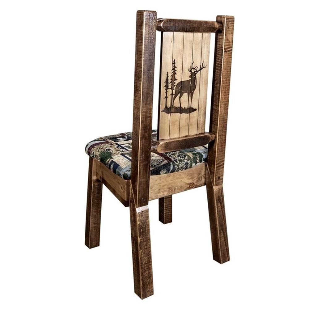 Montana Woodworks Homestead Collection Side Upholstered Chair, Woodland Pattern with Laser Engraved Elk Design, Stain & Lacquer Finish