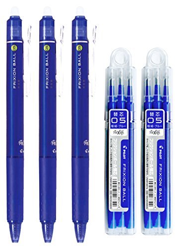 Pilot Frixion Ball Knock Retractable Erasable Gel Ink Pens, Extra Fine Point 0.5Mm, Blue Ink, 3 Pens & 6 Refills Value Set