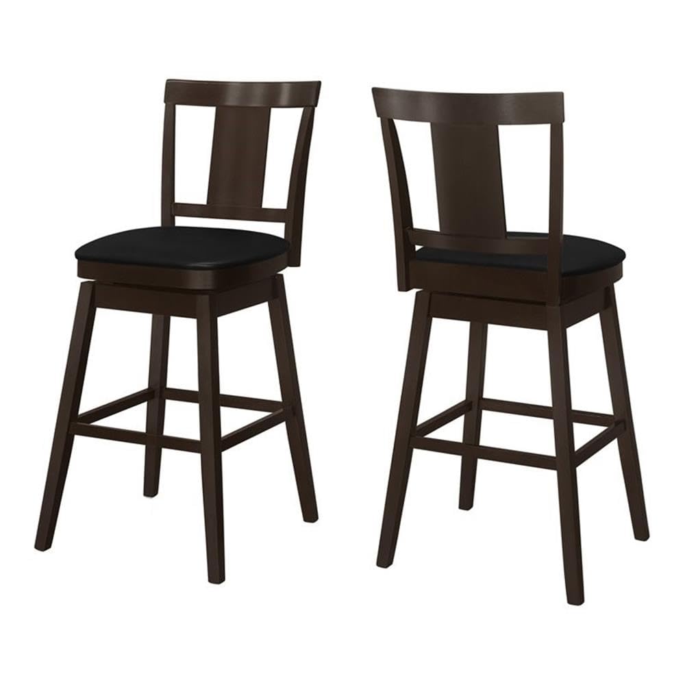 Monarch Specialties I 1230 Bar Stool, Set of 2, Swivel, Bar Height, Wood, Pu Leather Look, Brown, Black, Transitional