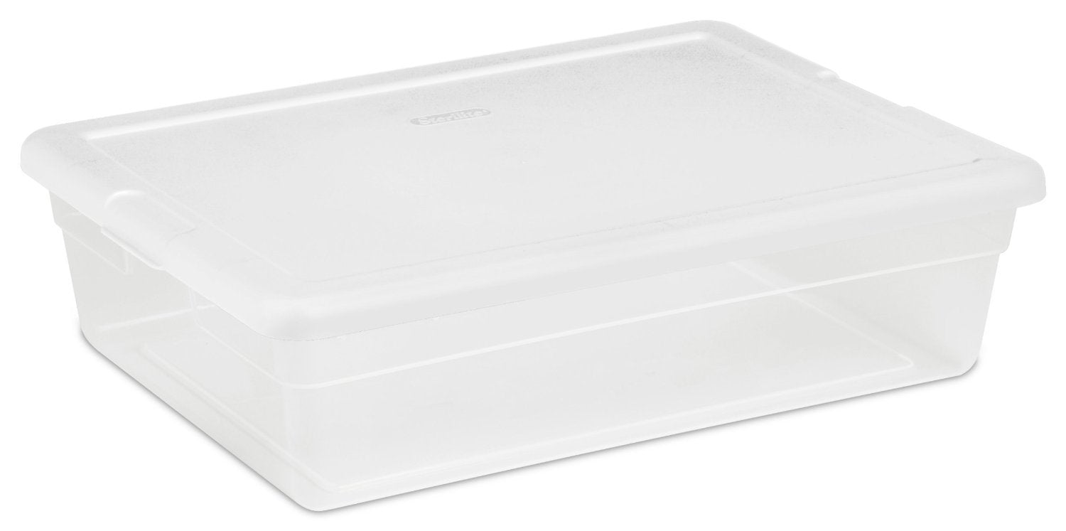 Sterilite 28 Qt Underbed Storage Box, Stackable Bin with Lid, Plastic Container to Organize, Bedroom, Clear Base and White Lid, 