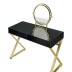 Acme Coleen Glass Top Vanity Desk with Jewelry Tray in Black and Gold