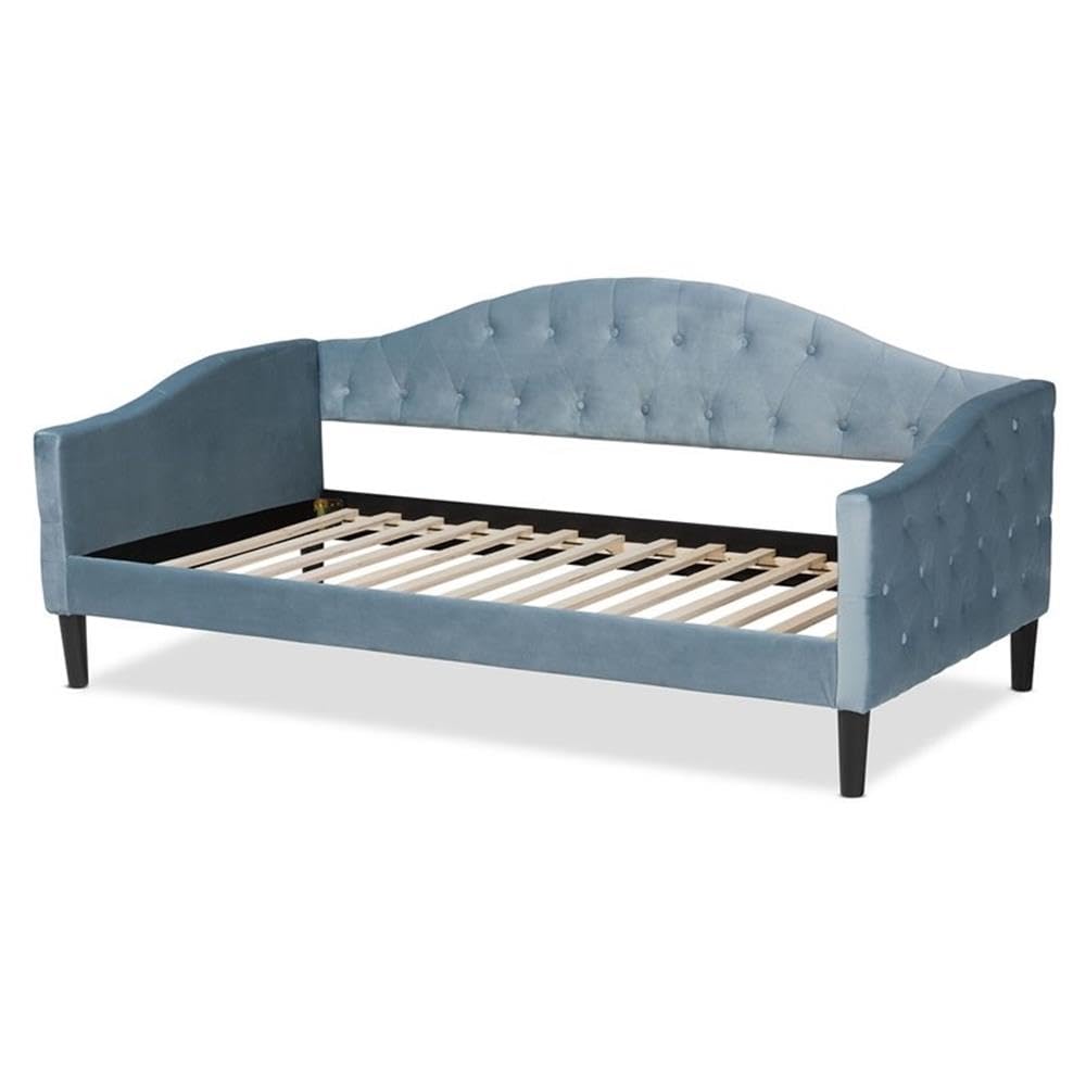 Baxton Studio Benjamin Modern and Contemporary Light Blue Velvet Fabric Upholstered and Dark Brown Finished Wood Full Size Daybed