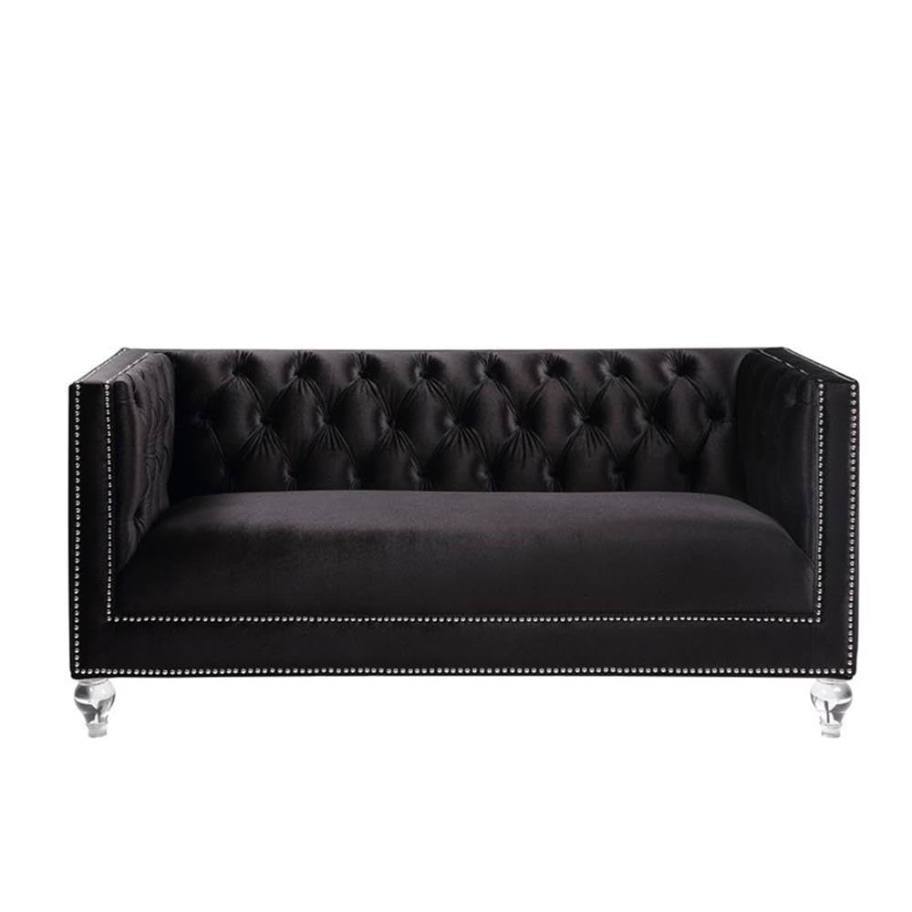 Acme Heibero Button Tufted Velvet Upholstered Loveseat with 2 Pillows in Black