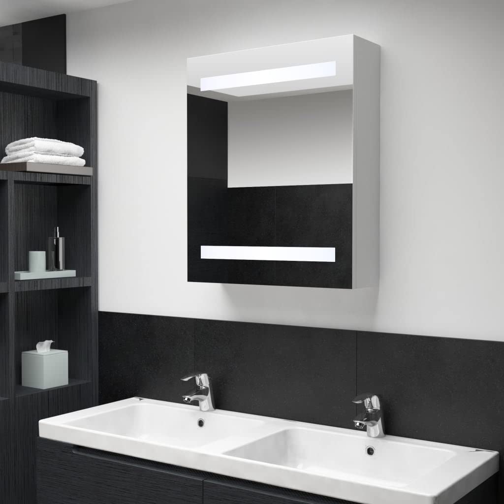 vidaXL Wall-Mounted LED Bathroom Mirror Cabinet with Ample Storage and Soft Light for Makeup Application, Crafted from Durable MDF in Silver and White Finish