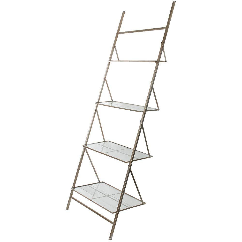 Benjara, Silver Benzara Ladder Storage Shelf with Glass Shelves