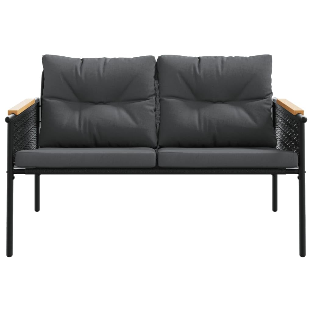 vidaXL Patio Bench with Cushions 45.7"- Black Steel/Teak Wood- Outdoor Garden Seating- Weather Resistant Fabric- UV Protection- Easy Assembly