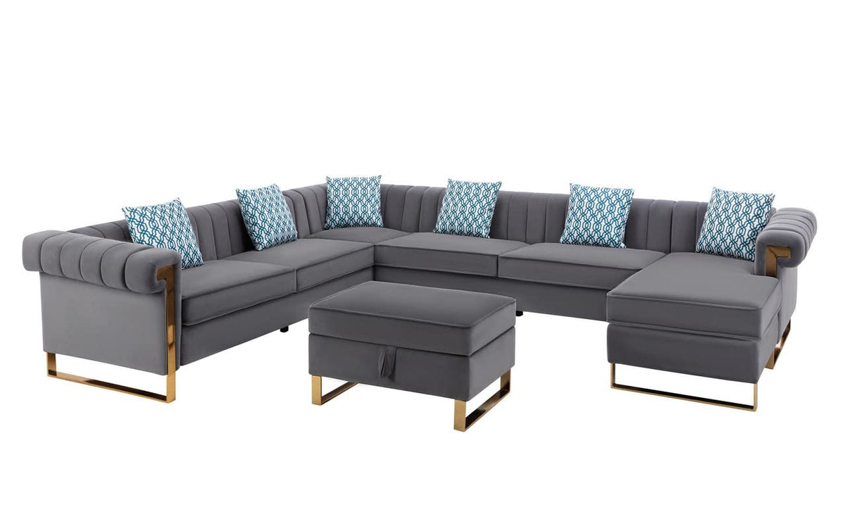 Lilola Home Maddie Gray Velvet 8-Seater Sectional Sofa with Reversible Chaise and Storage Ottoman