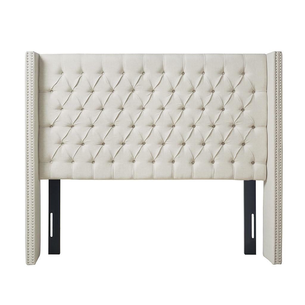 Madison Park Amelia Upholstered Headboard | Nail Head Trim Wingback Button Tufted | Queen, Cream