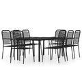 vidaXL Outdoor Dining Set - Elegant 9 Piece Patio Furniture - Black Steel Frame with Twined Cotton Rope Chairs and Glass Tabletop