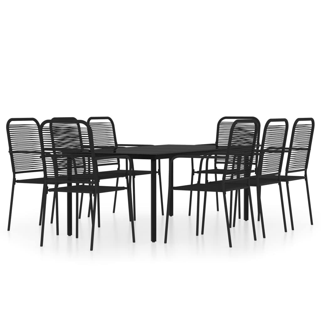 vidaXL 7 Piece Patio Dining Set – Black, Outdoor Furniture with Powder-Coated Steel Frame and Twined Cotton Rope Chairs for Garden, Terrace, Kitchen