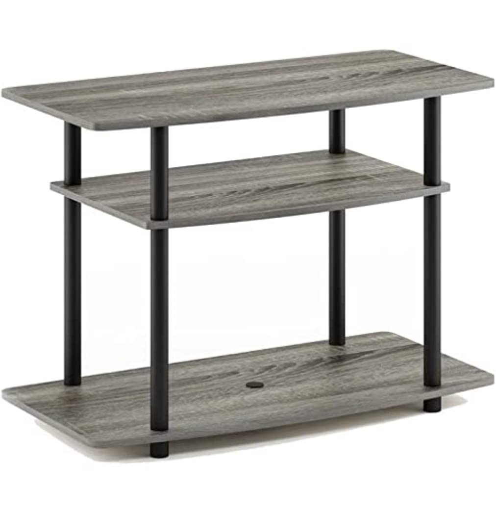 Furinno Turn-N-Tube No Tools 3-Tier Entertainment Center TV Stand for TV up to 32 Inch, Plastic Round Tubes, French Oak Grey/Black
