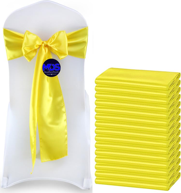 Mds Pack Of 100 Pcs Satin Chair Sashes Charmeuse Sateen Dining Chair Bows Ribbon Ties Back Sash For Wedding Party Birthday Home Hotel Restaurant Banquet Decoration (7 X 108 Inch, Yellow)