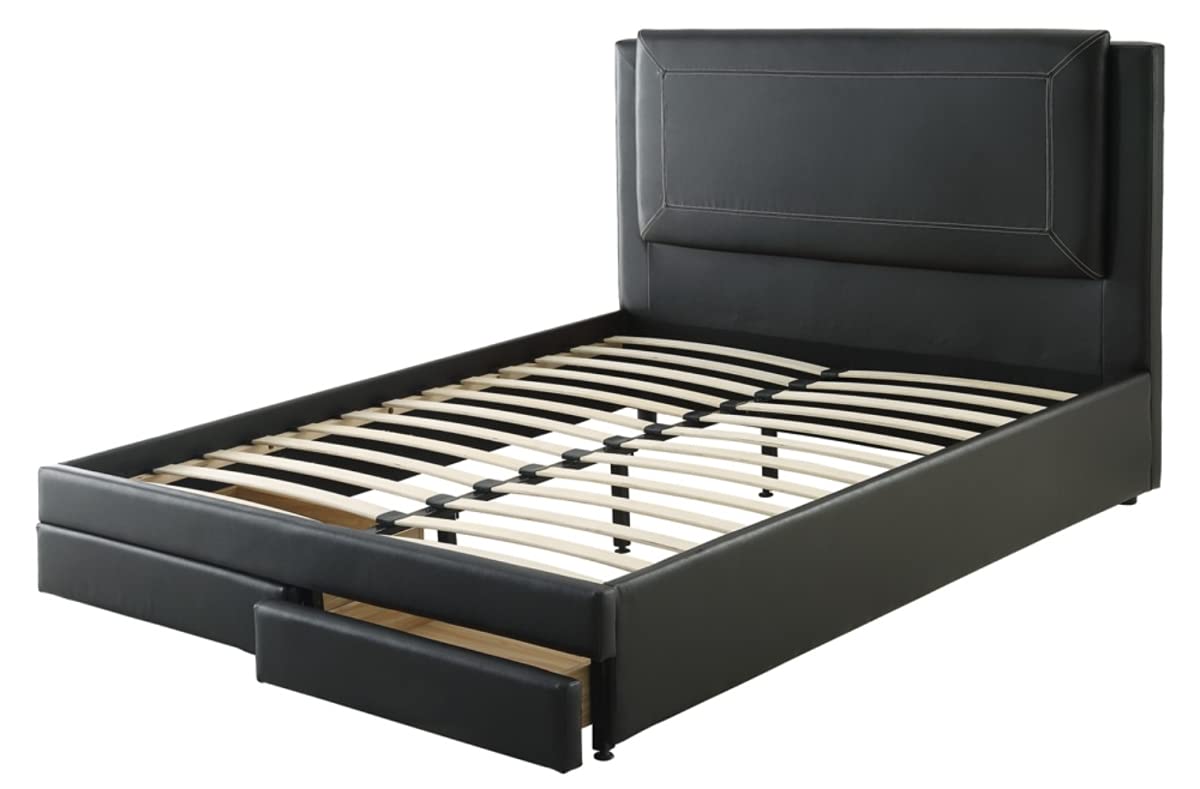 Benjara Pine Wood/Bonded Leather Queen Size Bed In Black,
