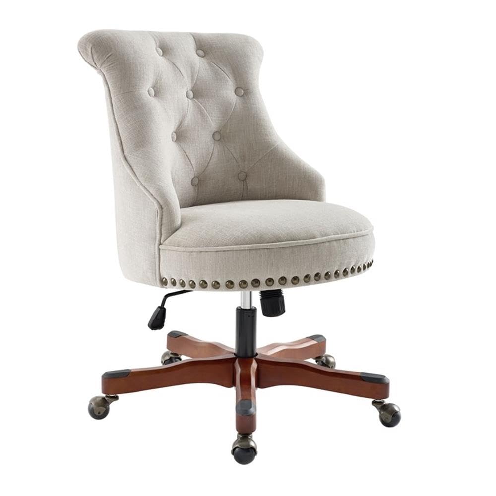 Linon Sinclair Upholstered Office Chair Wood Base with Wheels in Natural Beige