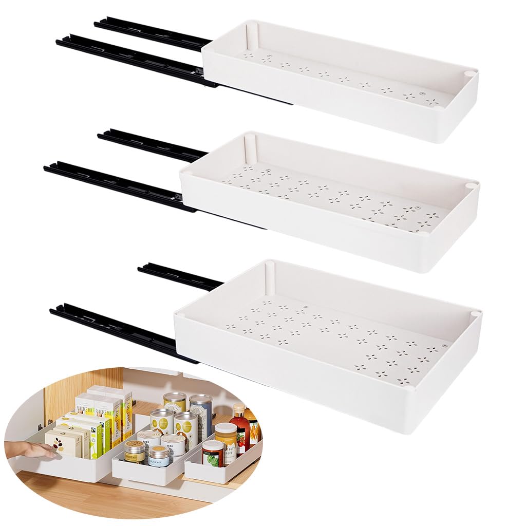 Hasthip 3 Pieces Pull Out Cabinet Organizer Kitchen 3 Sizes No Drill Open Cabinet Shelf Trays Baskets For Seasoning Jars Bottles