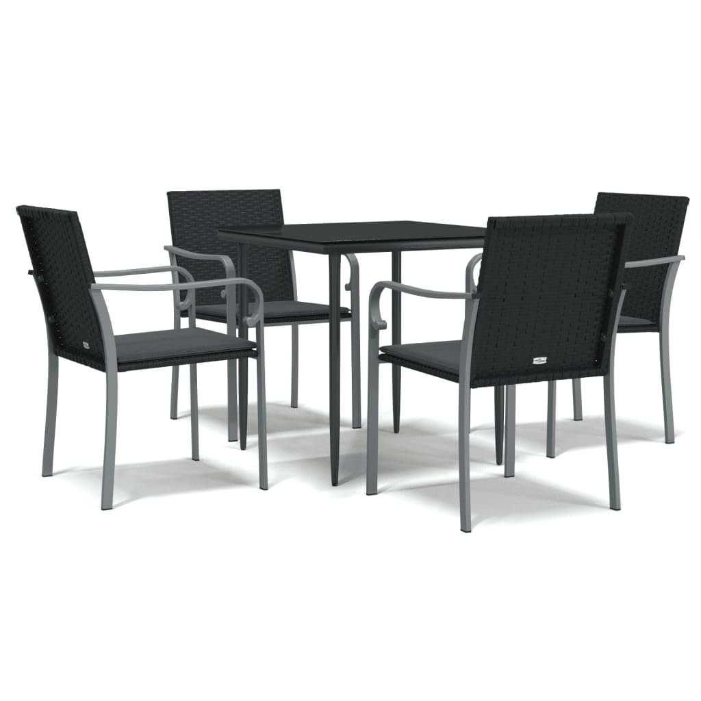 vidaXL 5 Piece Outdoor Patio Dining Set with Cushioned Seating - Poly Rattan and Steel Construction, Tempered Glass Tabletop in Black
