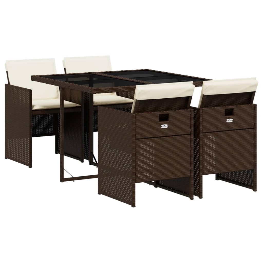 vidaXL Patio Dining Set 5-Piece Brown Poly Rattan with Cushions, Tempered Glass Table for Outdoor/Garden/Patio