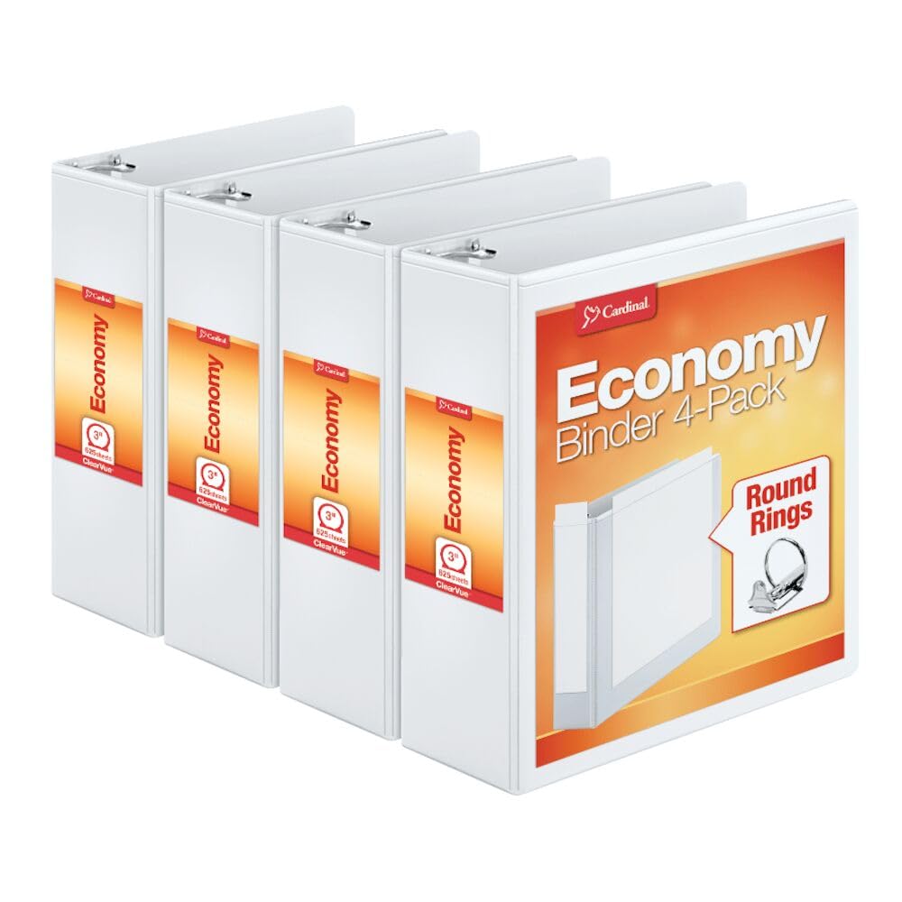 Cardinal Economy 3 Ring Binder, 3 Inch, Presentation View, White, Holds 625 Sheets, Nonstick, Pvc Free, 4 Pack Of Binders (00430