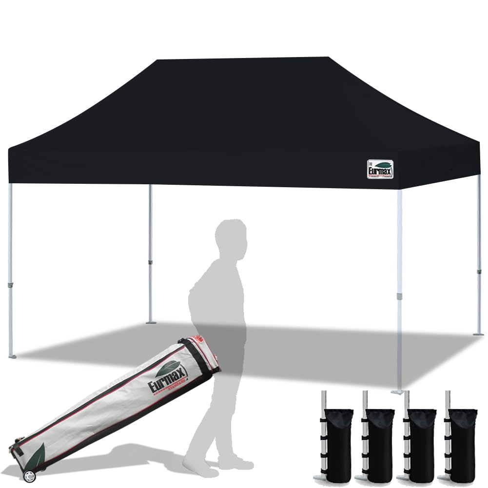 Eurmax Usa 10'X15' Pop Up Canopy Tent Commercial Instant Canopies With Heavy Duty Roller Bag,Bonus 4 Sand Weights Bags (Black)